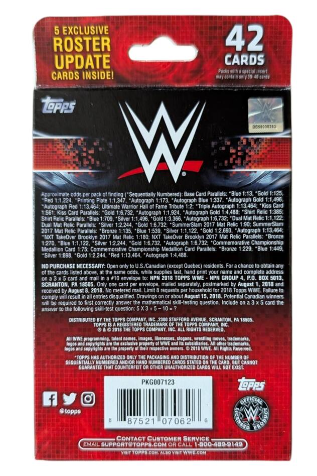 5 EXCLUSIVE ROSTER UPDATE CARDS INSIDE!  
TOPPS R858008363 (Approximate odds per pack of finding Sequentially Numbered):  
- Base Card Parallels: "Blue 1:13, "Gold 1:125.  
- Printing 1:1,347.  
- Autograph 1:173, Autograph 1:337, Autograph 1:1,496, Autograph 1:13,464.  
- Ultimate Warrior Tribute Triple Autograph 1:13,464.  
- Parallels: 1:6,732, Autograph 1:1,924.  
- Autograph 1:4,488.  
- 1:385: Parallels: 1:709, *Silver 1:1,496, 1:3,366, Autograph 1:6,732.  
- 1.122: Parallels: 1:2,244, 1:6,732