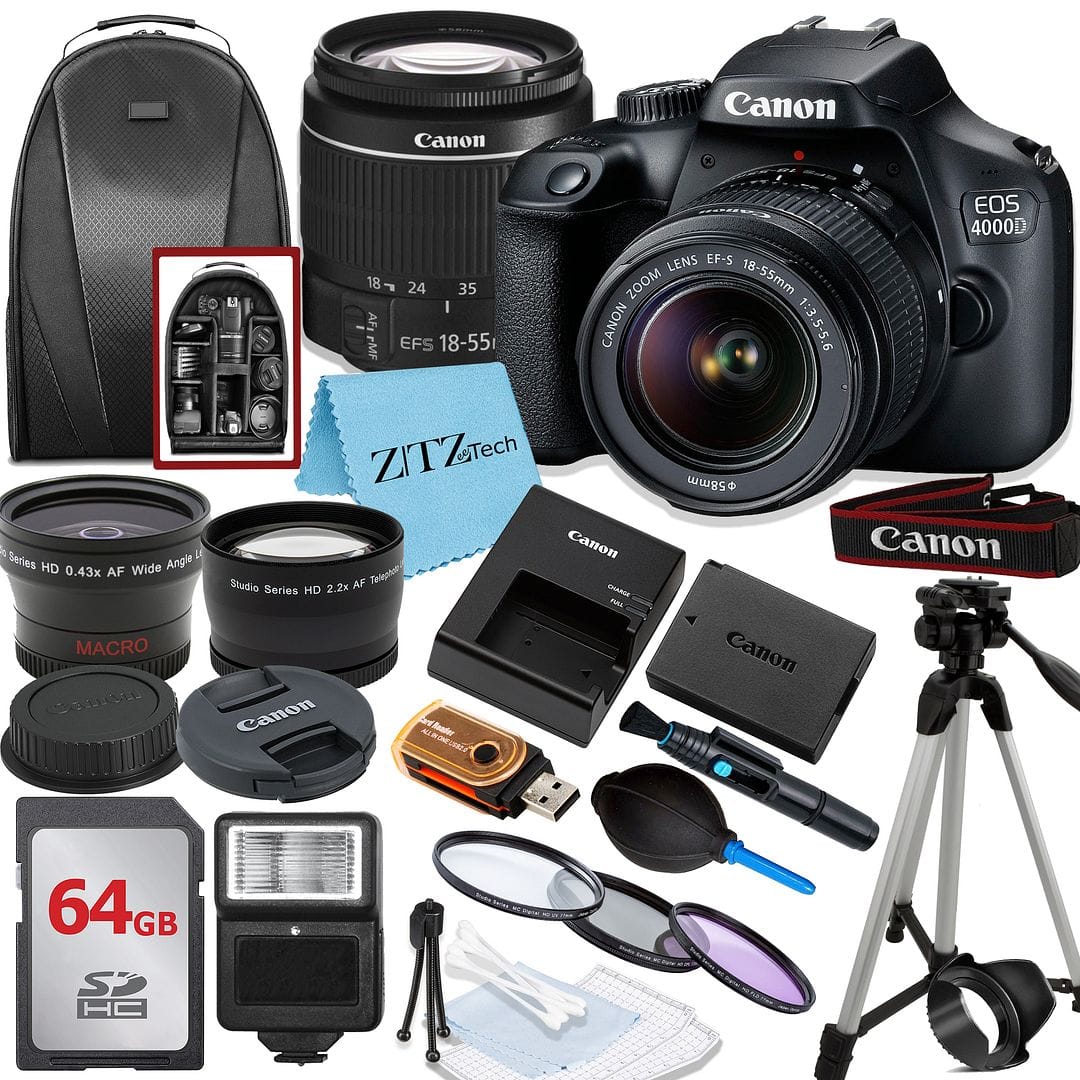 Canon - EOS 4000D / T100 DSLR Camera with 18-55 Lens + 64GB Card + Flash + ZeeTech Bundle (International Version) - Black
