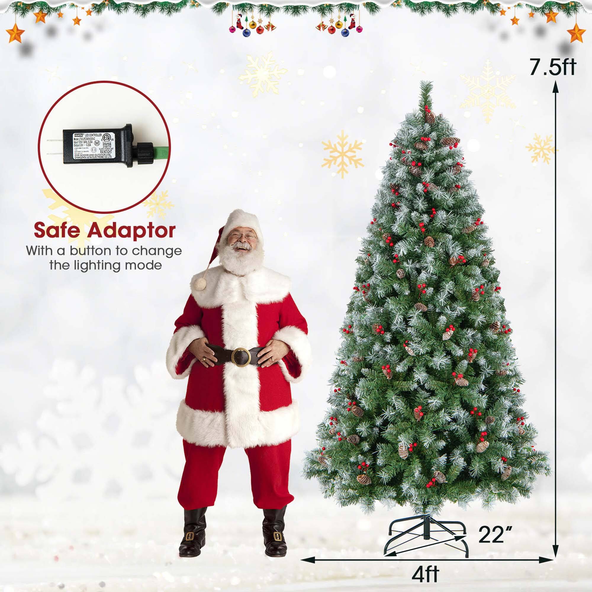 The image features a 7.5-foot Christmas tree with a Santa Claus figure standing next to it. The tree is adorned with a safe adaptor that has a button to change the lighting mode. The tree is also accompanied by a 22-inch Santa Claus figure.
