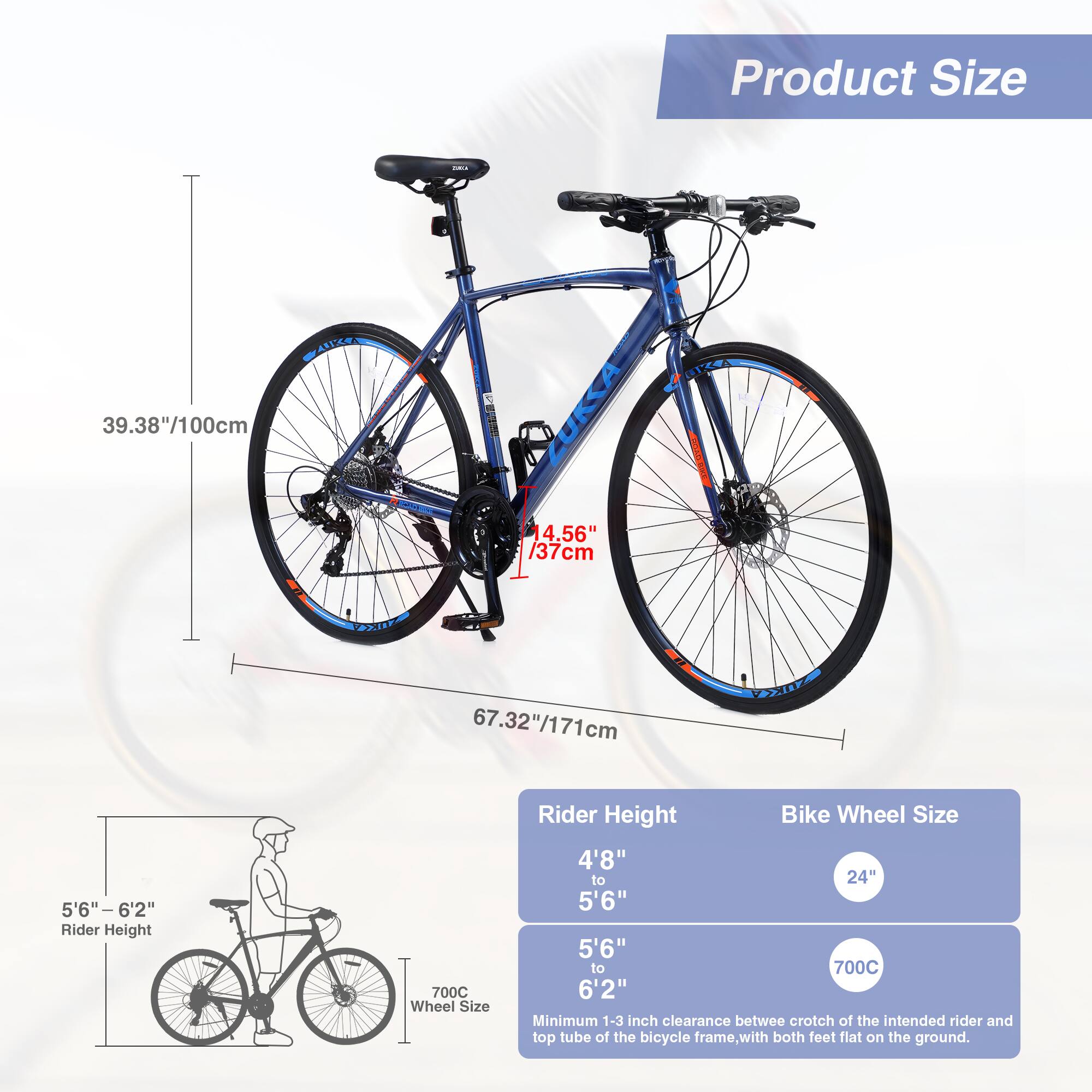 Product Size

- 39.38"/100cm
- 4.56"/37cm
- 67.32"/171cm

Rider Height

- 4'8" to 5'6"
- 5'6" to 6'2"

Bike Wheel Size

- 24"
- 700C

Minimum 1-3 inch clearance between crotch of the intended rider and top tube of the bicycle frame, with both feet flat on the ground.