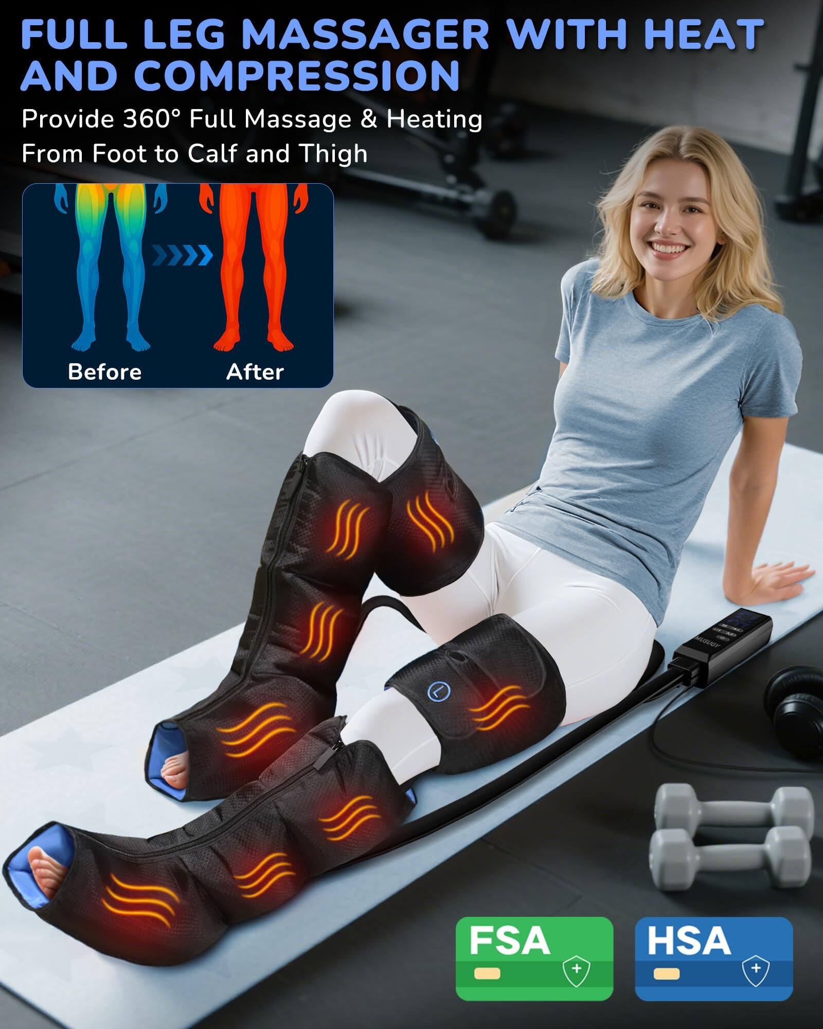 FULL LEG MASSAGER WITH HEAT AND COMPRESSION  
Provide 360° Full Massage & Heating From Foot to Calf and Thigh  

Before  
After  

FSA  
HSA