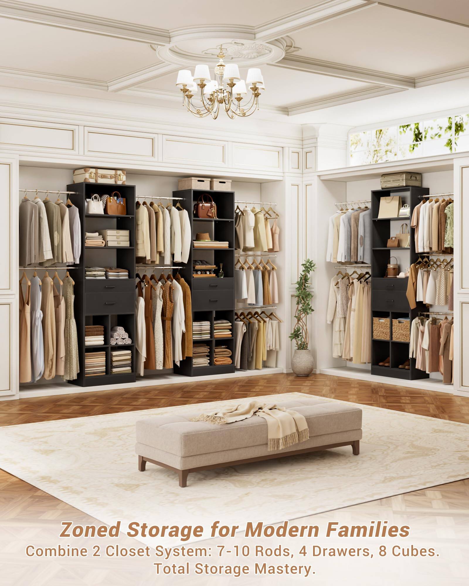 Zoned Storage for Modern Families: Combine 2 Closet System: 7-10 Rods, 4 Drawers, 8 Cubes. Total Storage Mastery.