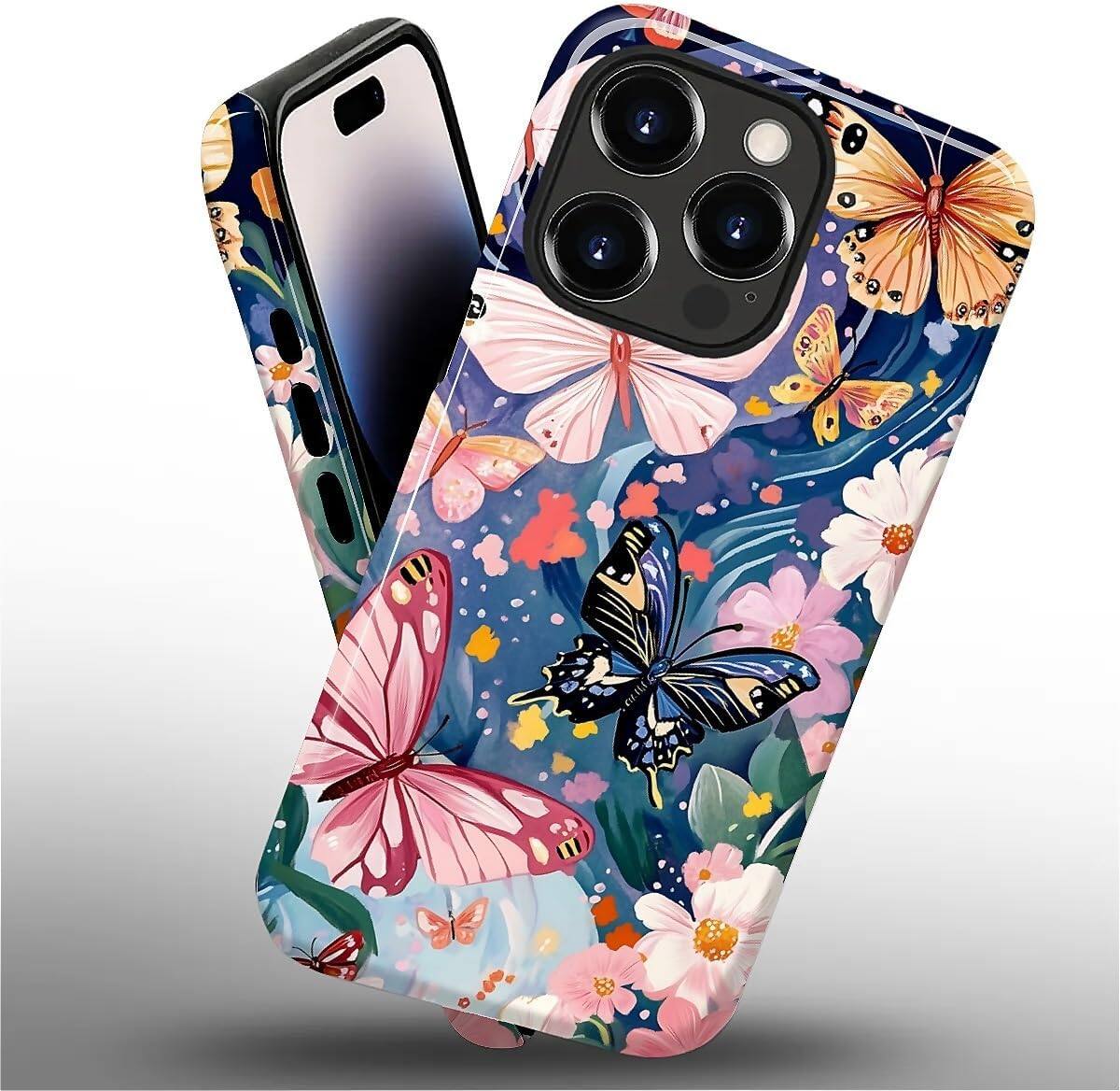 Alt View 2. Wikistore - Case for iPhone 14 Pro Max - Hybrid 2-Layer Durable Smartphone Protective Case - Butterflies Flowers Garden.
