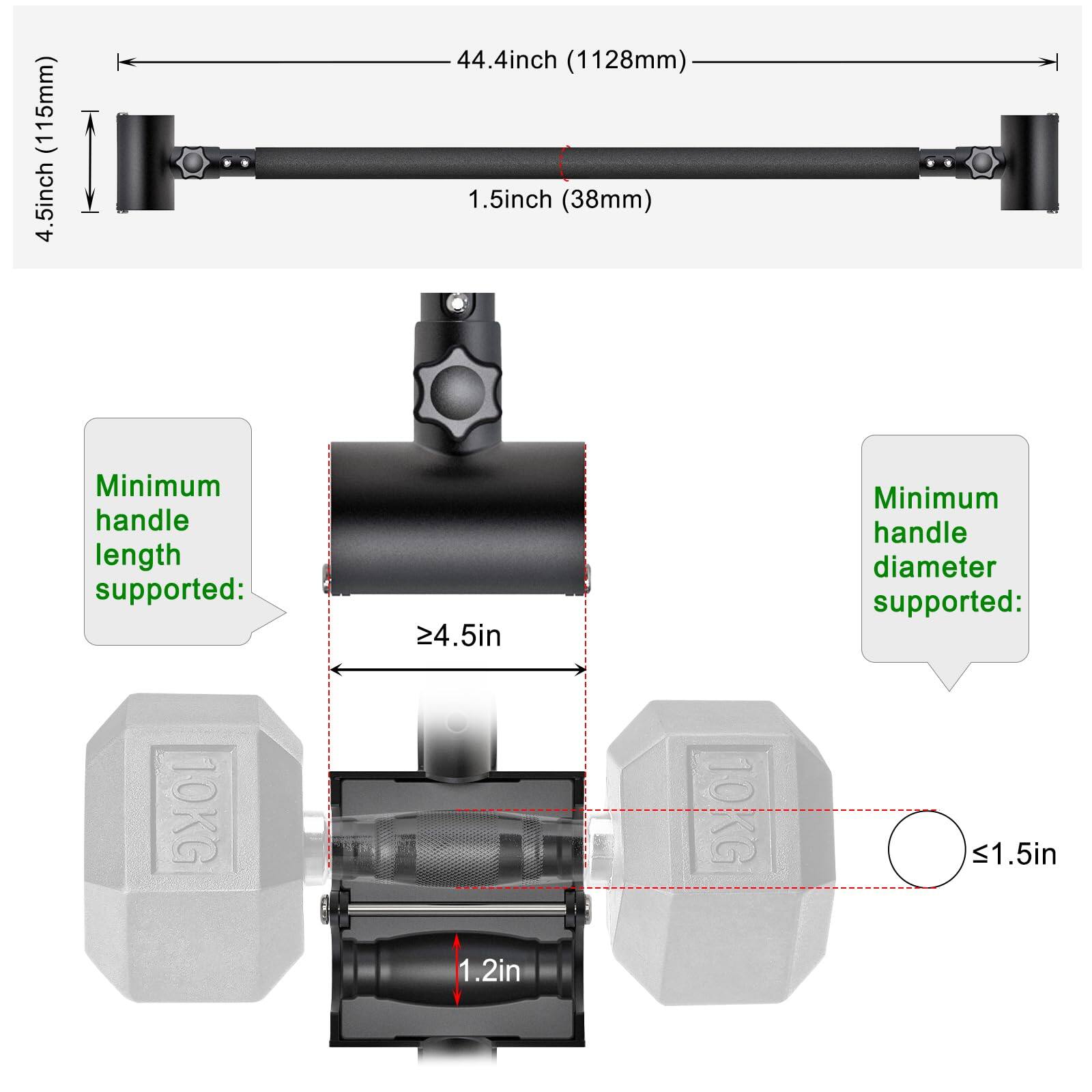- (115mm)
- 4.5inch (1128mm)
- 1.5inch (38mm)
- Minimum handle length supported: 24.5in
- Minimum handle diameter supported: 1.2in
- 10KG
- 10KG