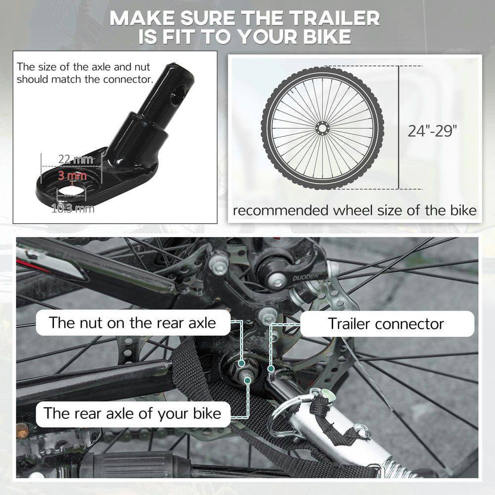 MAKE SURE THE TRAILER IS FIT TO YOUR BIKE

The size of the axle and nut should match the connector.

- 22 mm
- 3 mm
- 103 mm

24"-29" recommended wheel size of the bike

The nut on the rear axle

The rear axle of your bike

Trailer connector