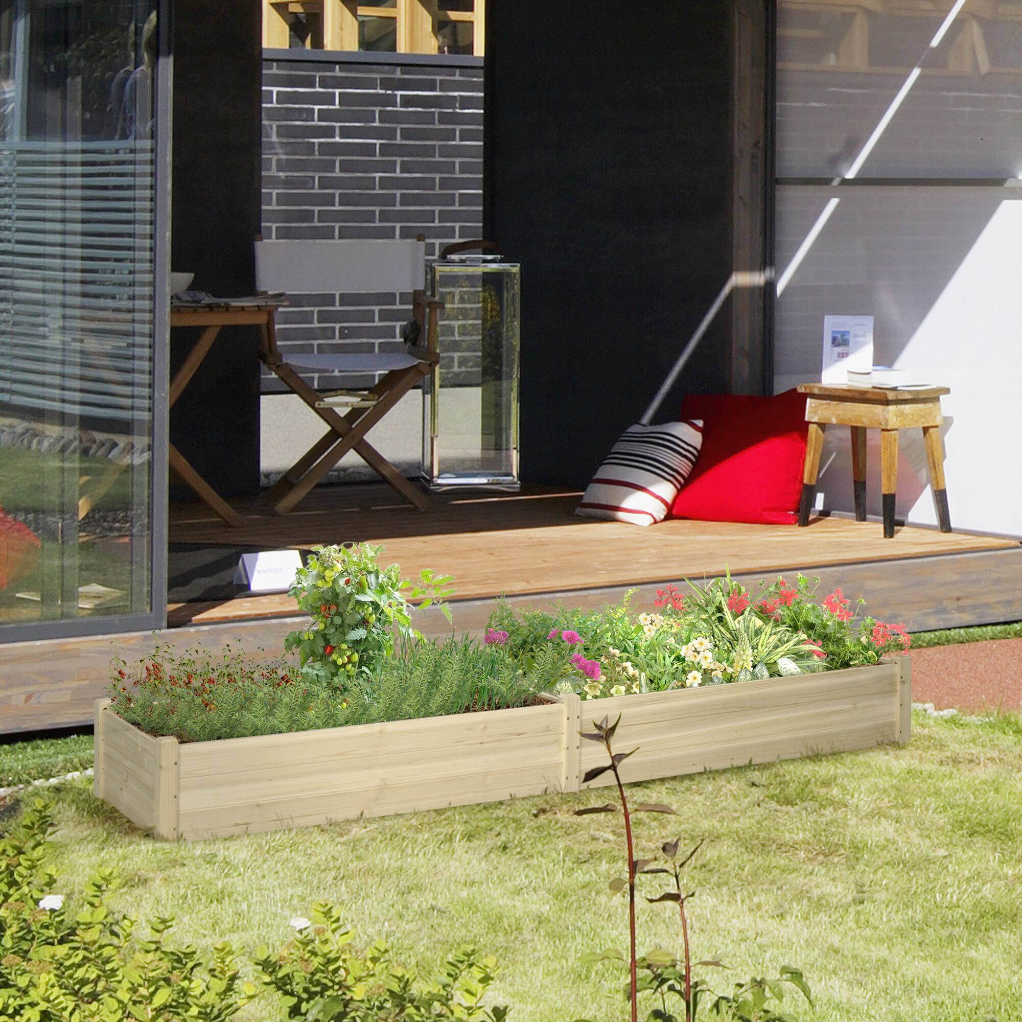 Alt View 1. Outsunny - 8x2ft Wooden Raised Garden Bed Kit, Outdoor Elevated Planter Box, Self Draining Bottom and Liner - Natural wood finish.