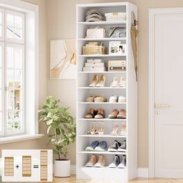 Aheaplus - 79.5'' Tall 10-Tier Freestanding Wooden Shoe Rack Tower with 2 Hooks - White
