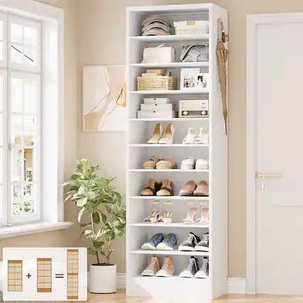 Front. Aheaplus - 79.5'' Tall 10-Tier Freestanding Wooden Shoe Rack Tower with 2 Hooks - White.