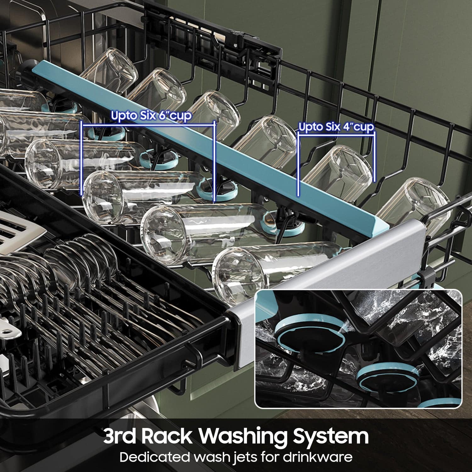 Upto Six 6" Cup Upto Six 4" Cup 3rd Rack Washing System Dedicated Wash Jets for Drinkware