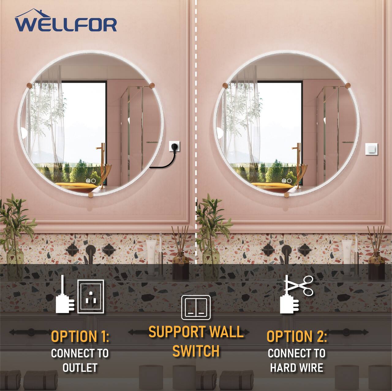 WELLFOR

OPTION 1: CONNECT TO OUTLET
SUPPORT WALL SWITCH

OPTION 2: CONNECT TO HARD WIRE