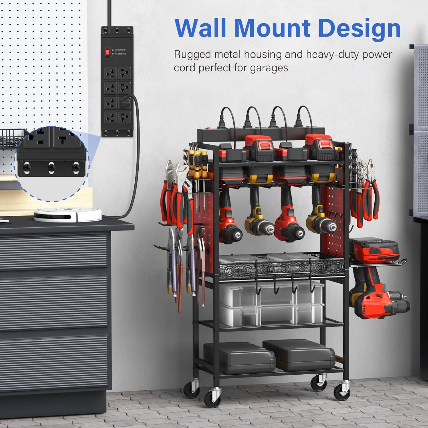Wall Mount Design  
Rugged metal housing and heavy-duty power cord perfect for garages.