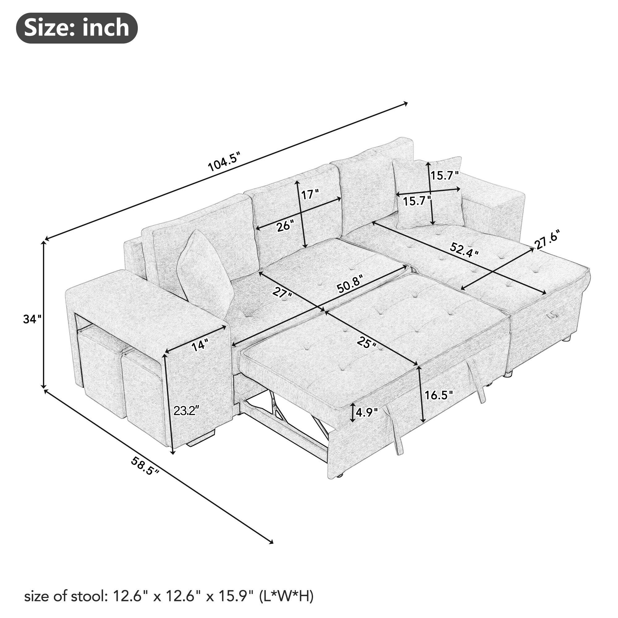Size: inch

- 104.5"
- 34"
- 14"
- 23.2"
- 58.5"
- 4.9"
- 16.5"
- 50.8"
- 25"
- 17"
- 26"
- 27"
- 52.4"
- 27.6"
- 15.7"
- 15.7"
- 17"
- 12.6" x 12.6" x 15.9" (L*W*H)