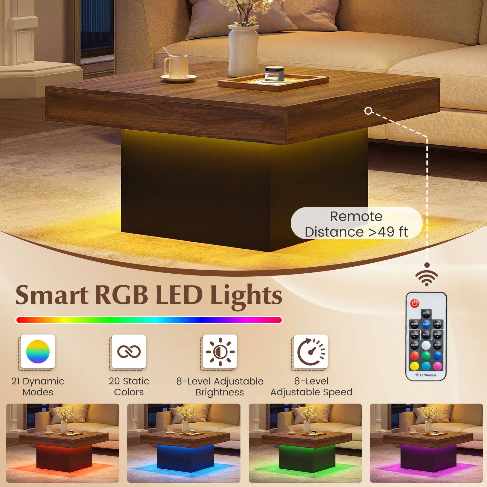 Remote Distance >49 ft

Smart RGB LED Lights

- 21 Dynamic Modes
- 20 Static Colors
- 8-Level Adjustable Brightness
- 8-Level Adjustable Speed