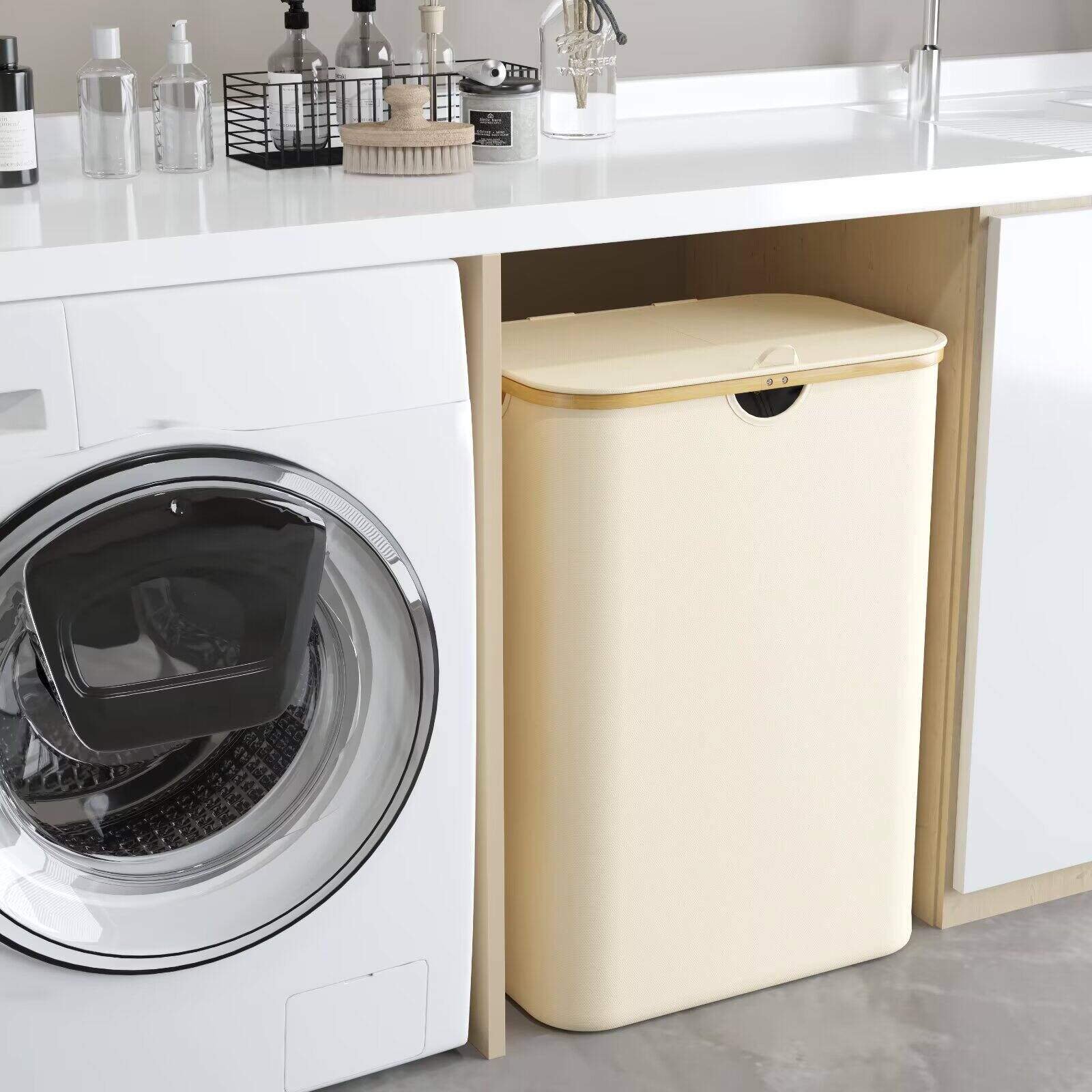 Alt View 1. Tooloton - 160L Dual Section Collapsible Laundry Hamper with Lid, Removable Bags, Bamboo Handles, Beige - Beige.