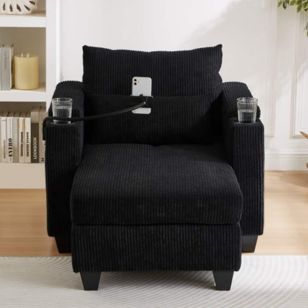 LUCKY ONE - 37.4" Convertible Chaise Lounge Sofa Chair Bed w/ USB Cup Holders Storage - Black