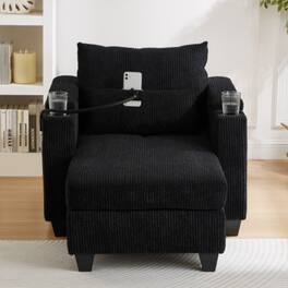 LUCKY ONE - 37.4" Convertible Chaise Lounge Sofa Chair Bed w/ USB Cup Holders Storage - Black