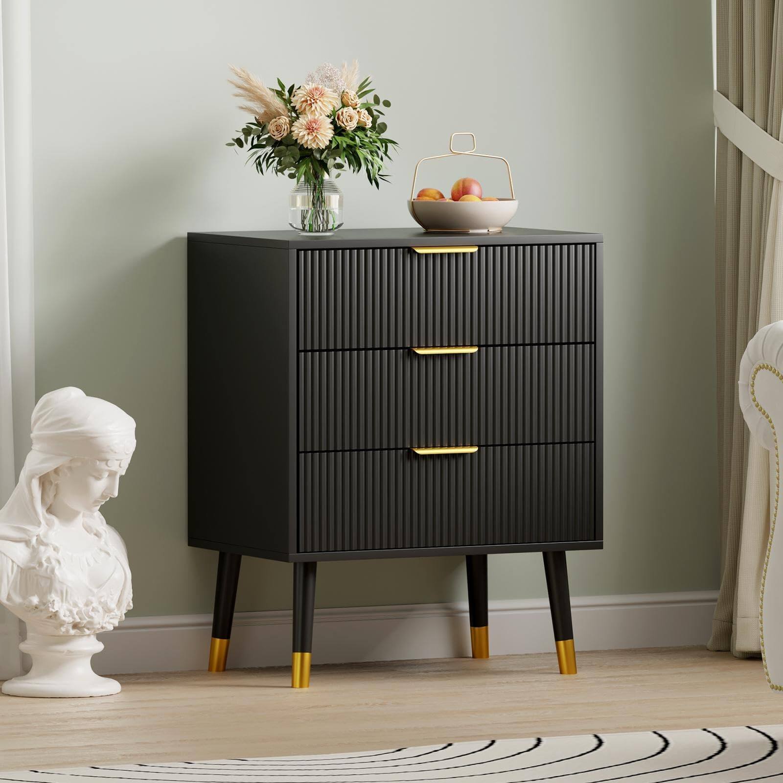 GARVEE - Modern 3 Drawer Dresser Sleek Storage Chest and Organizer for Bedroom or Closet - Black