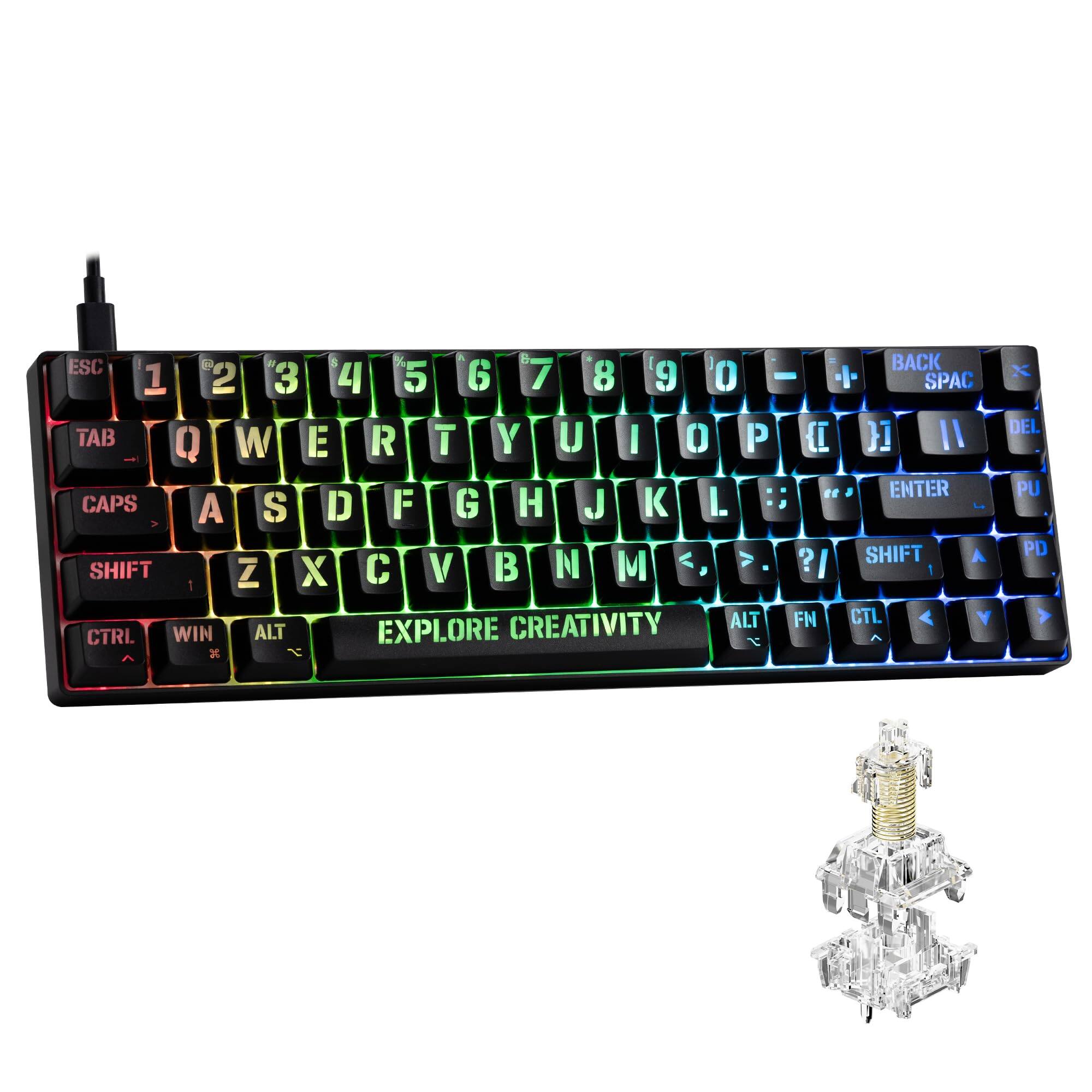 Sure, here is the corrected and grouped text from the image:

```
ESC 1 2 3 4 5 6 7 8 9 0 - = BACKSPACE
TAB Q W E R T Y U I O P [ ] \ DEL
CAPS A S D F G H J K L ; ' ENTER
SHIFT Z X C V B N M , . / SHIFT
CTRL WIN ALT EXPLORE CREATIVITY ALT FN CTRL
```