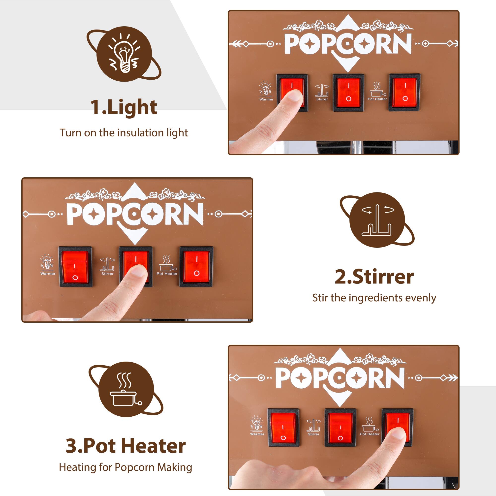 POPCORN

1. Light
Turn on the insulation light

2. Stirrer
Stir the ingredients evenly

3. Pot Heater
Heating for Popcorn Making
