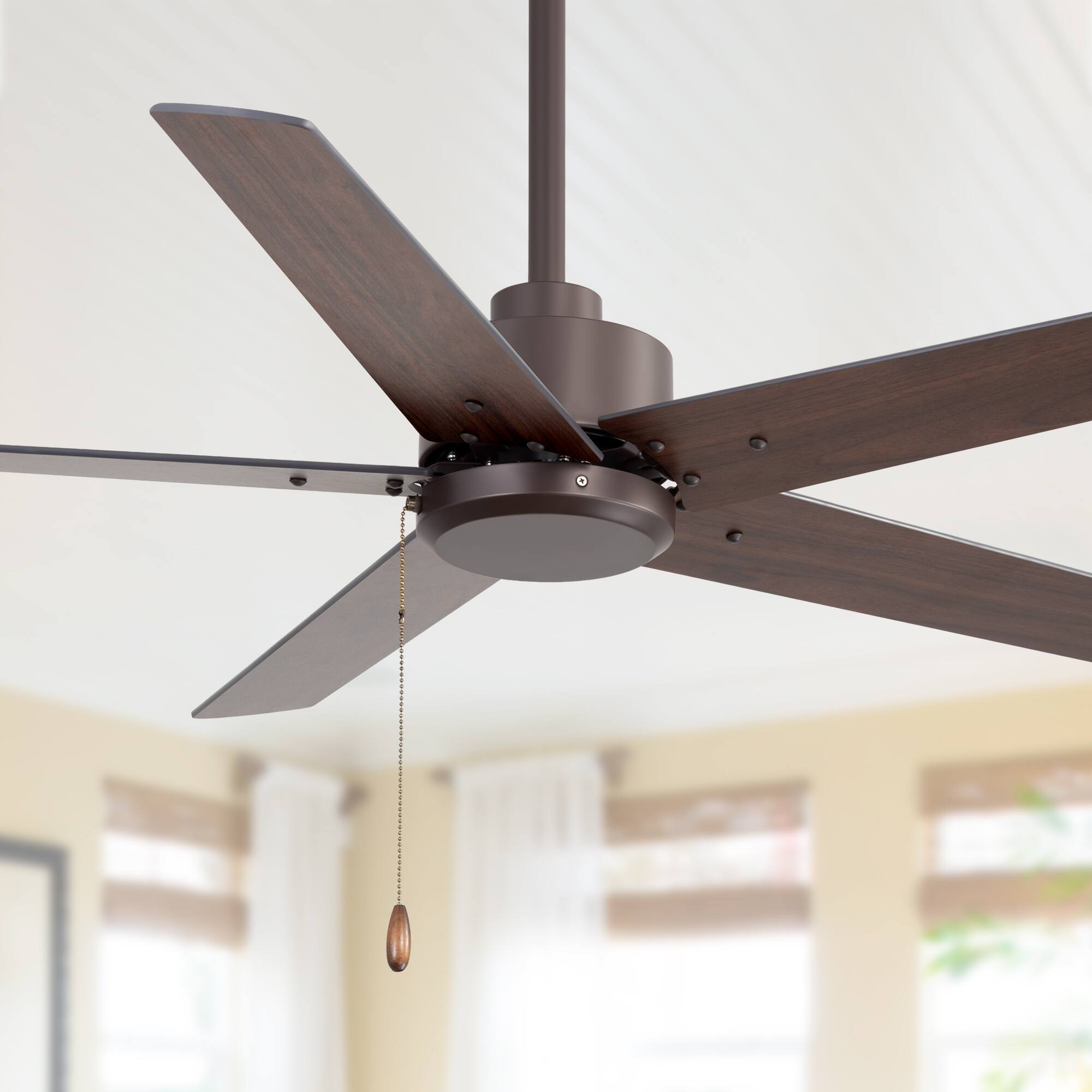 Breezary - 52-Inch Indoor Ceiling Fan, No-Light, 5 Reversible Plywood Blades, 3-Speed AC Motor, 5/10'' Downrods, Pull Chain Control - Oil-Rubbed Bronze