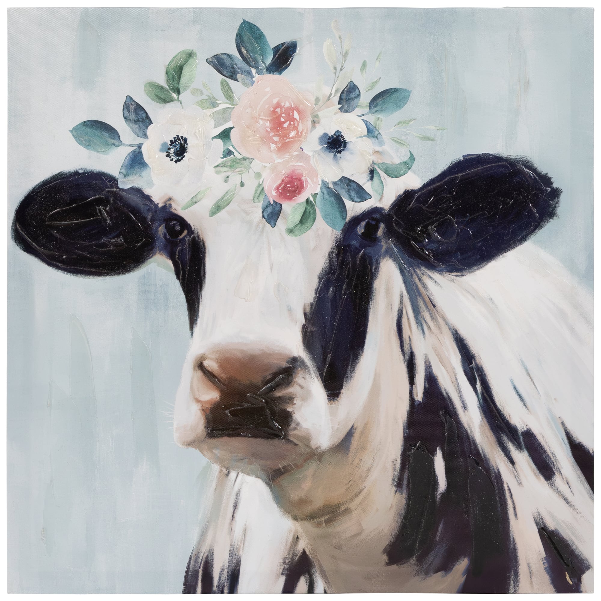 Northlight - Cow with Flowers Canvas Wall Art, 17.5" x 17.5" - Black