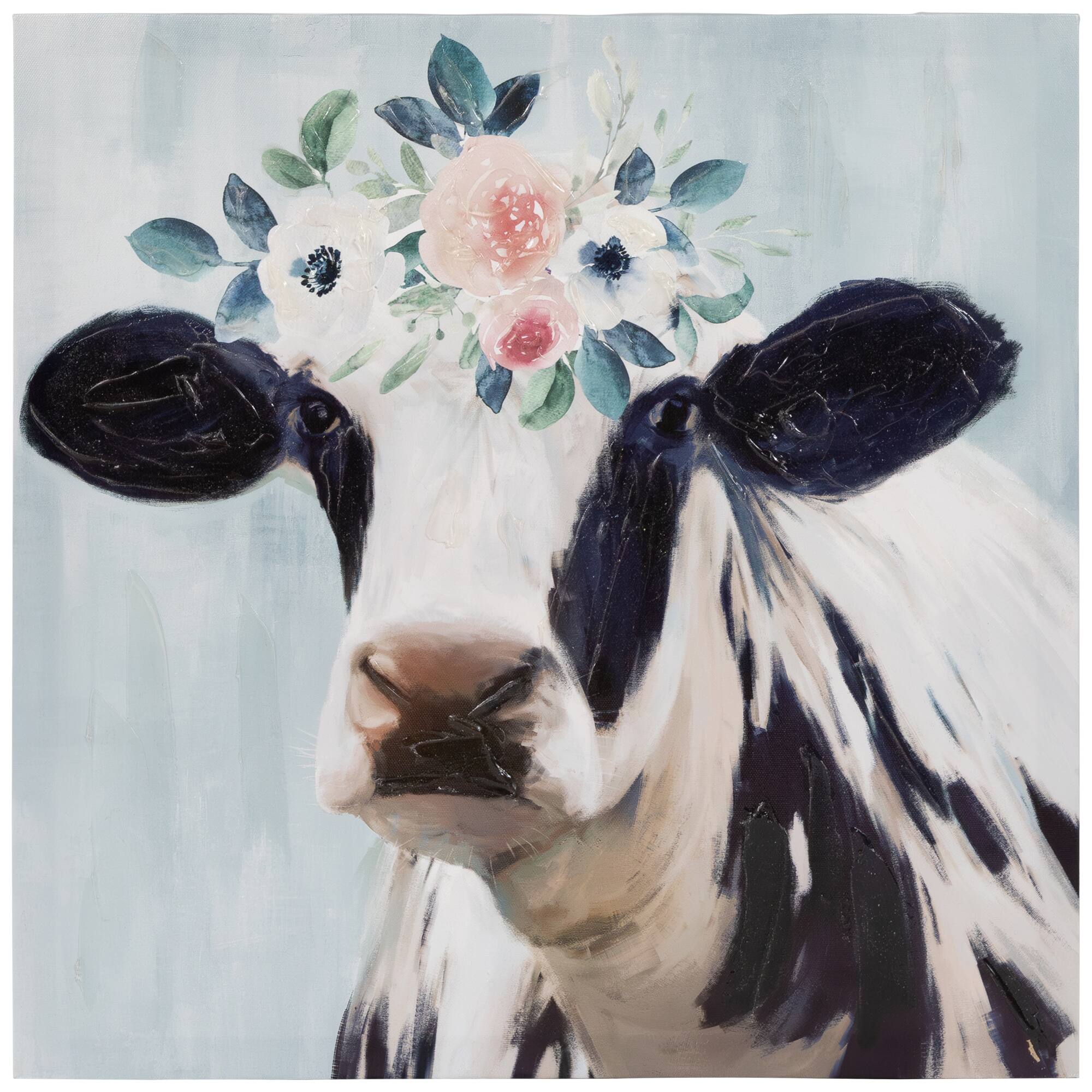 Northlight - Cow with Flowers Canvas Wall Art, 17.5" x 17.5" - Black