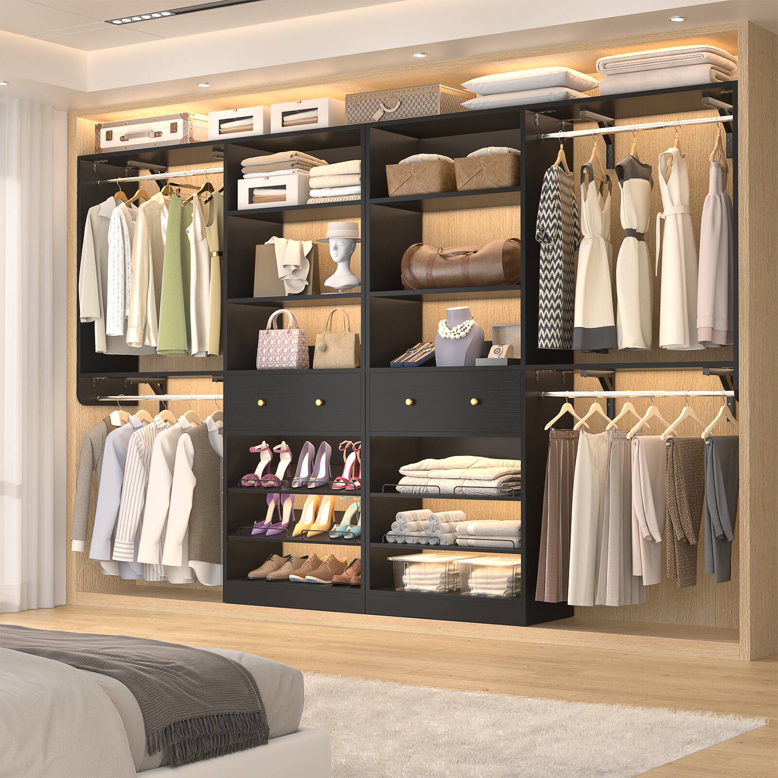 Angle. Aheaplus - Reversible 5FT Wood Closet Organizer System with Drawer, 2 Hanging Rods, and Adjustable Shelf, Wall Mounted - Black.