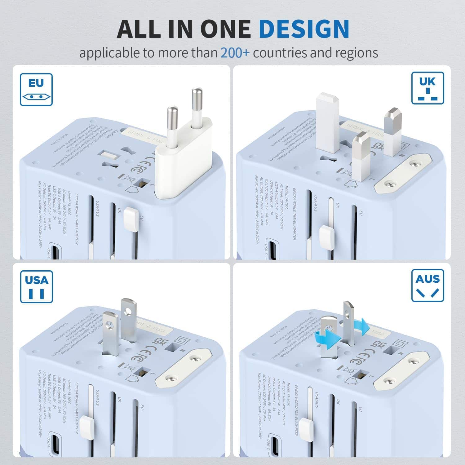The image shows a product with multiple power outlets, each designed for different countries and regions. The text on the image reads:
ALL IN ONE DESIGN applicable to more than 200+ countries and regions
EU, UK, USA, AUS, JAN, 30-40, 285 M7, HOLD, USA, JAPAN, SEAR, FRR, EU, USA, AUS, Power Outlet 3V, 240V, 24V, 30-100V, 30-40V, 285V, 240V, 24V, 30-100V, 30-40V, 285V, 240V, 24V, 30-100V, 30-40V, 285V, 240V, 24V, 30-100V, 30-40V, 285V, 240V, 24V, 30-100V, 30-40V, 285V, 240V, 24V, 30-100V, 30-40V, 285V, 240V, 24V, 30-100V, 30-40V, 285V, 240V, 24V, 30-100V, 30-40V, 285V, 240V, 24V, 30-100V, 30-40V, 285V, 240V, 24V, 30-100V, 30-40V, 285V, 240V, 24V, 30-100V, 30-40V, 285V, 240V, 24V, 30-100V, 30-40V, 285V,