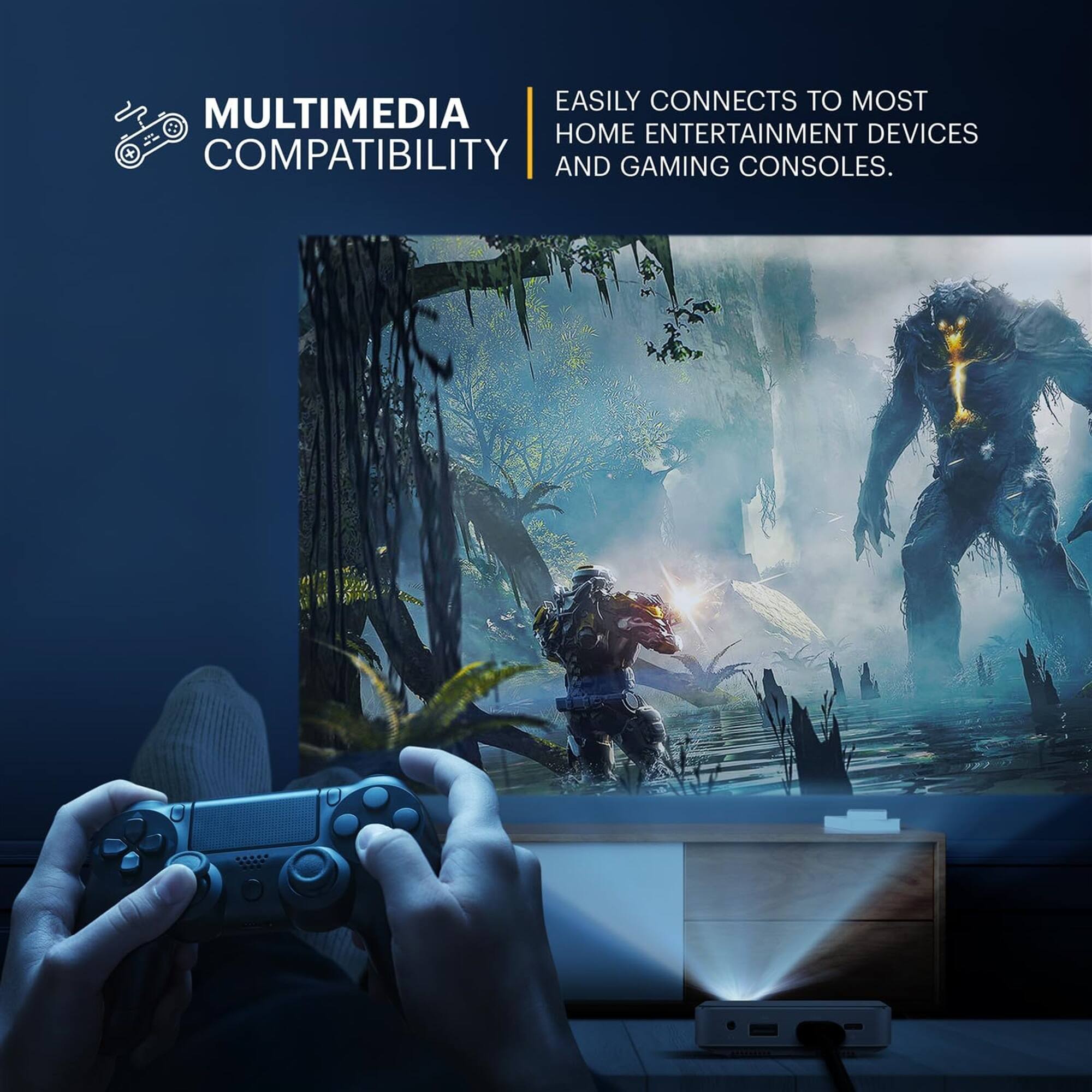 EASILY CONNECTS TO MOST HOME ENTERTAINMENT DEVICES AND GAMING CONSOLES. MULTIMEDIA COMPATIBILITY