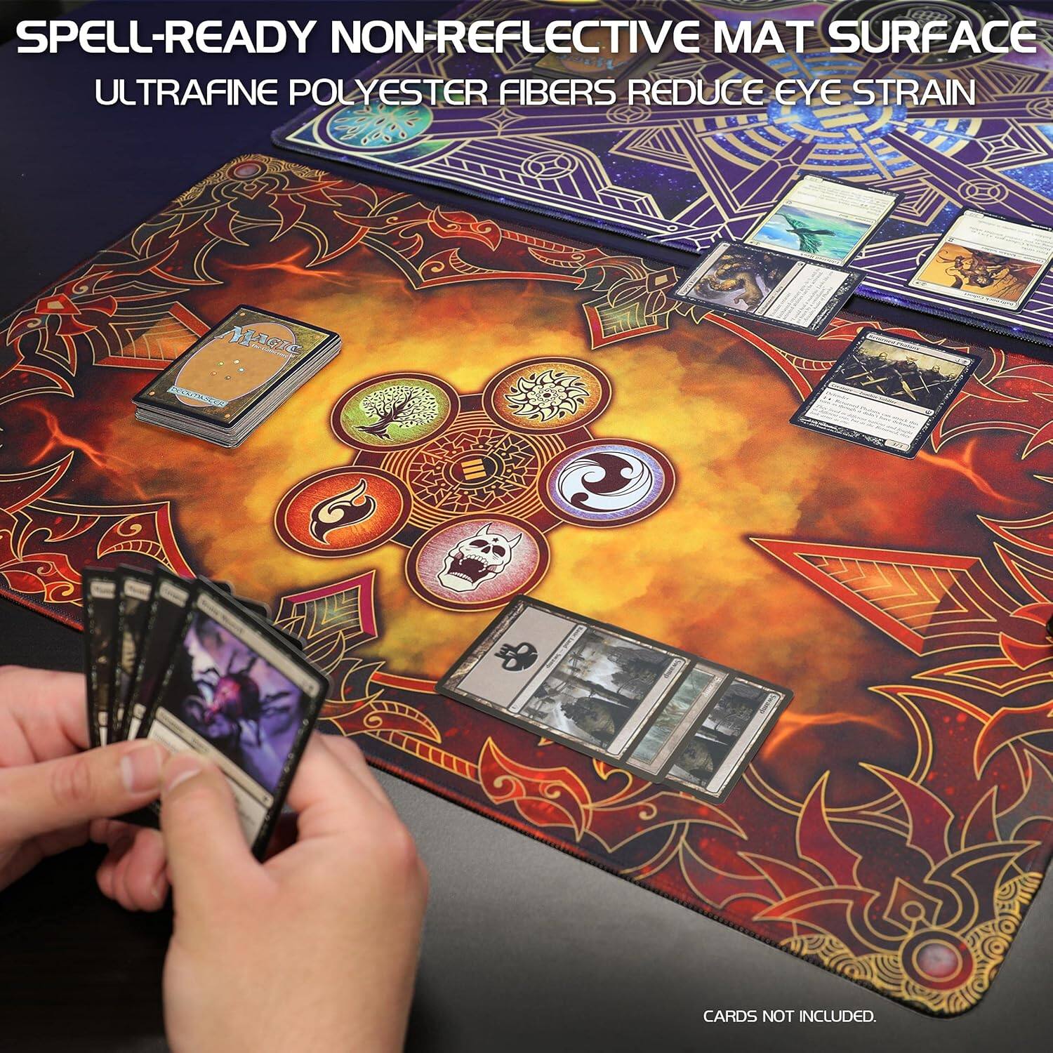 Spell-ready non-reflective mat surface, ultrafine polyester fibers reduce eye strain. Magic cards not included.