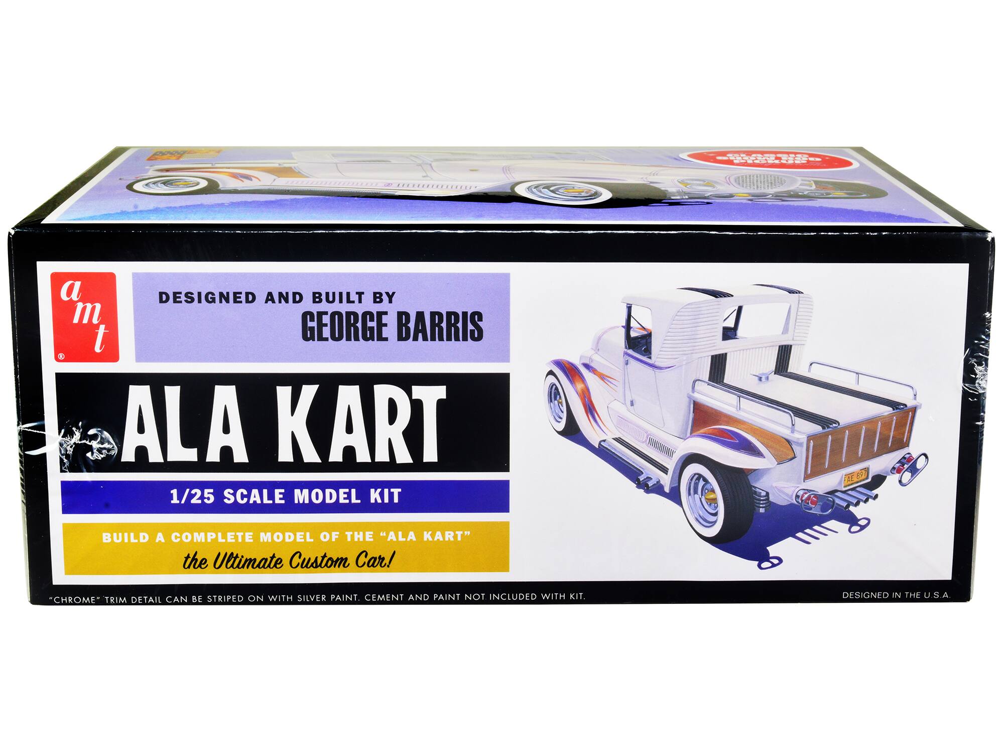 Sure, here is the corrected and grouped text from the image:

---

**a m t**

**DESIGNED AND BUILT BY GEORGE BARRIS**

**ALA KART**

**1/25 SCALE MODEL KIT**

**BUILD A COMPLETE MODEL OF THE "ALA KART"**

**the Ultimate Custom Car!**

*"CHROME" TRIM DETAIL CAN BE STRIPED ON WITH SILVER PAINT. CEMENT AND PAINT NOT INCLUDED WITH KIT.*

**DESIGNED IN THE U.S.A.**

---