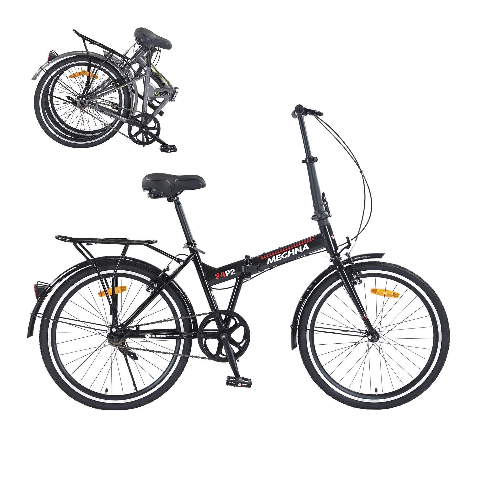 TinyHomie - 24 In Folding Bike for Adults with Fenders Steel Frame Single Speed City Commuter Dual V-Brake Portable Compact Bicycle - Black