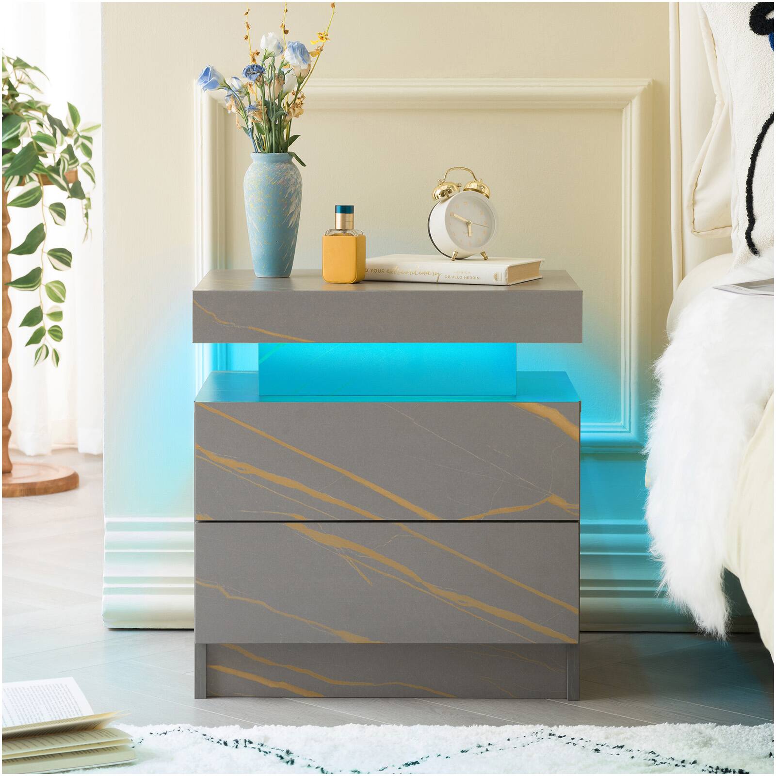 Alt View 4. Chateau Abodes - LED Nightstand, Modern Bedside Table with 2 Drawers & Cabinet Lights for Bedroom, 13x19x20 Inches - Grey Gold.