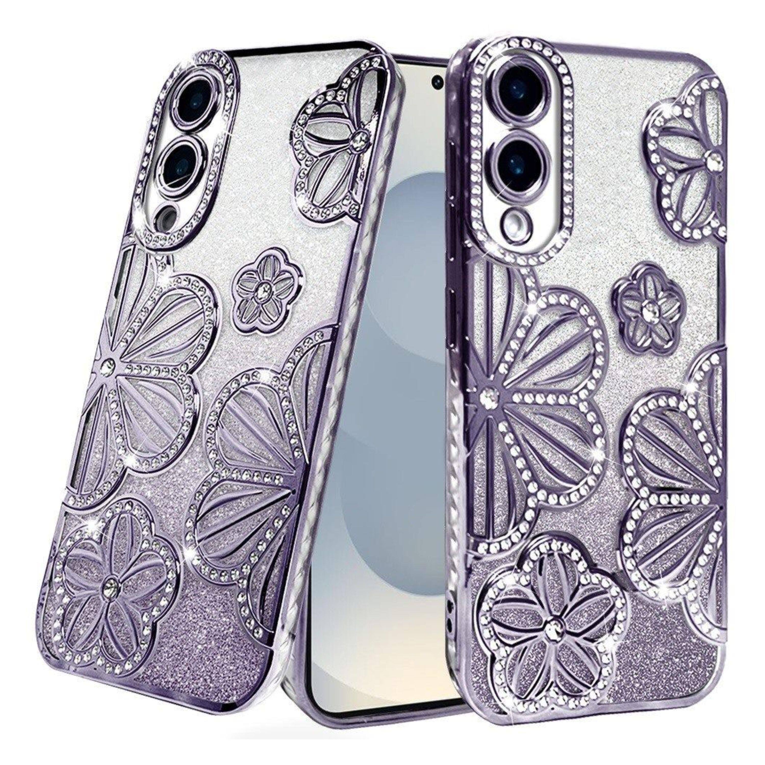 Kitcheniva - Floral 3D Glitter Phone Cover With Tempered Glass For Samsung Galaxy S25 Edge - Purple