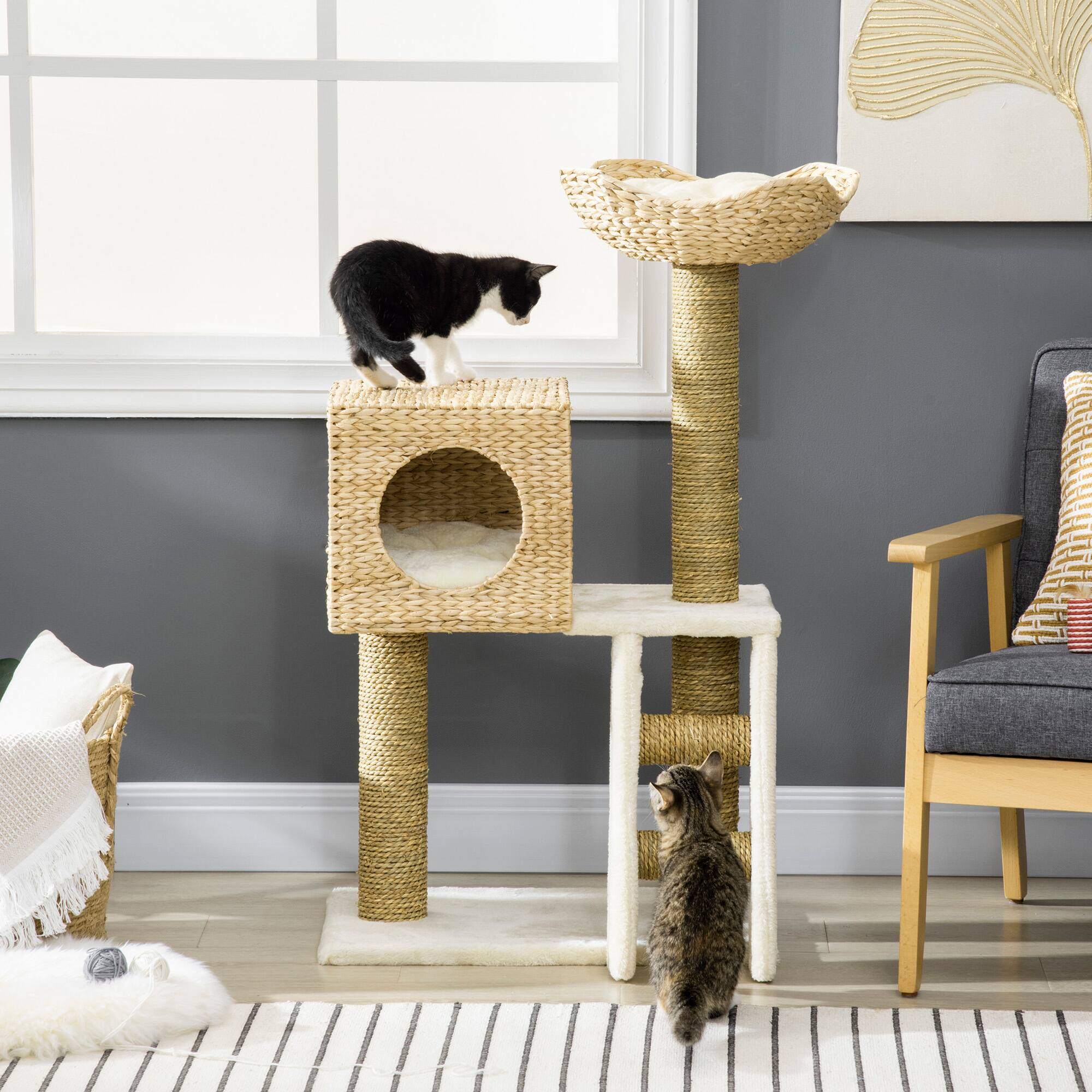 Angle. Pawhut - Cattail Weave Indoor Cat Tree, Kitty Tower with Rattan Condo, Wicker Bed, Washable Cushions, 22.5" x 14.5" x 39.5".