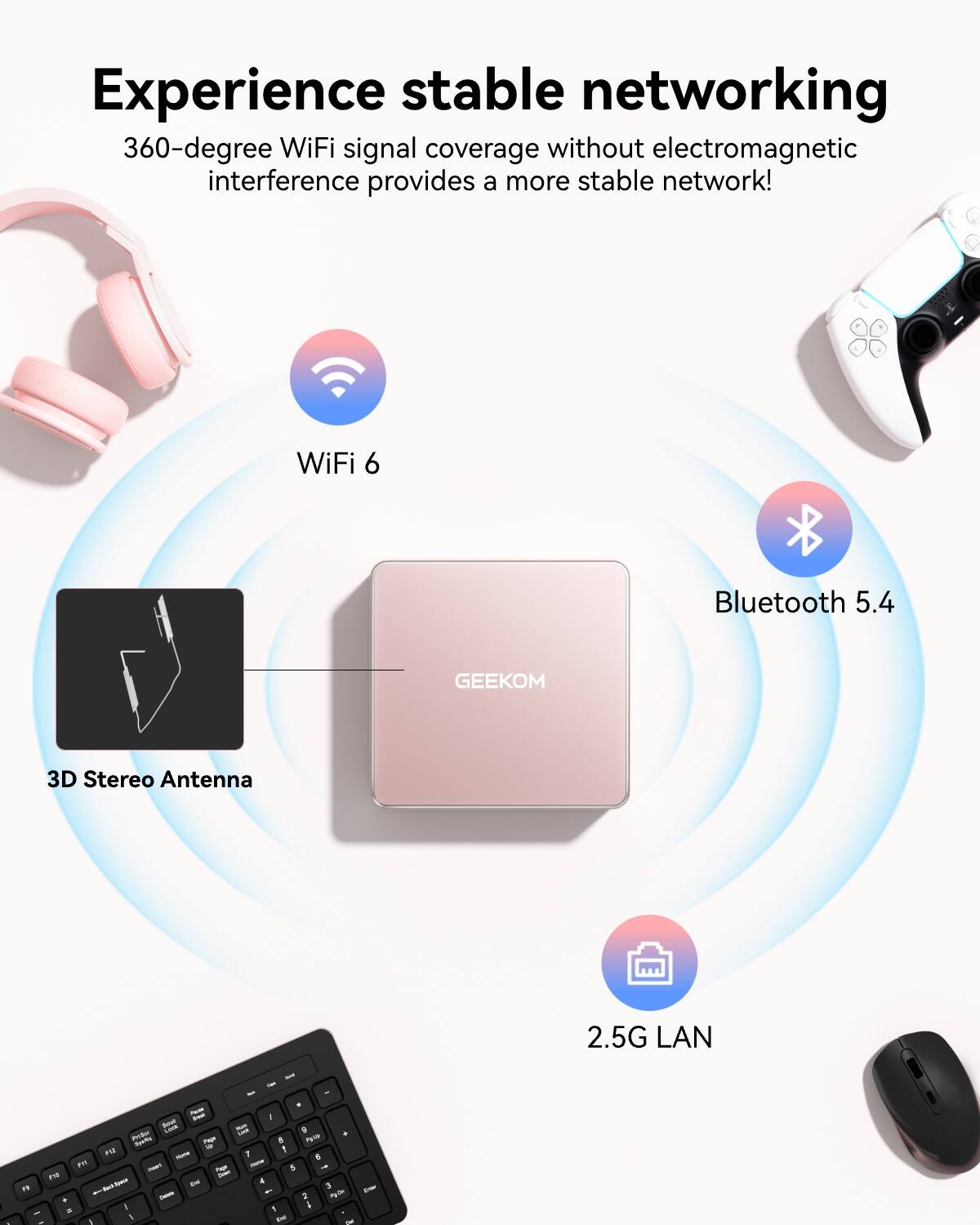 Experience stable networking 360-degree WiFi signal coverage without electromagnetic interference provides a more stable network!

WiFi 6
Bluetooth 5.4
GEEKOM
3D Stereo Antenna
2.5G LAN