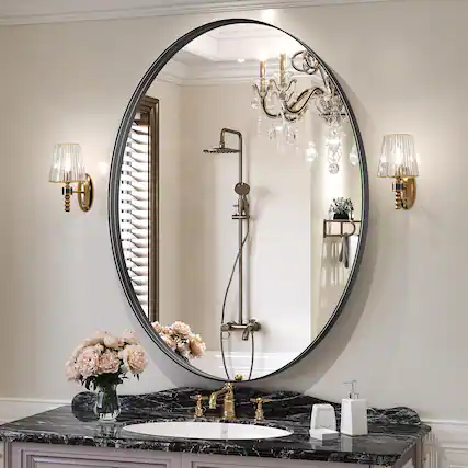 Front. HOMLUX - Oval Wall Mirror Black Aluminum Frame Wall Mounted Modern Decor for Bathroom Vanity Bedroom Entryway.