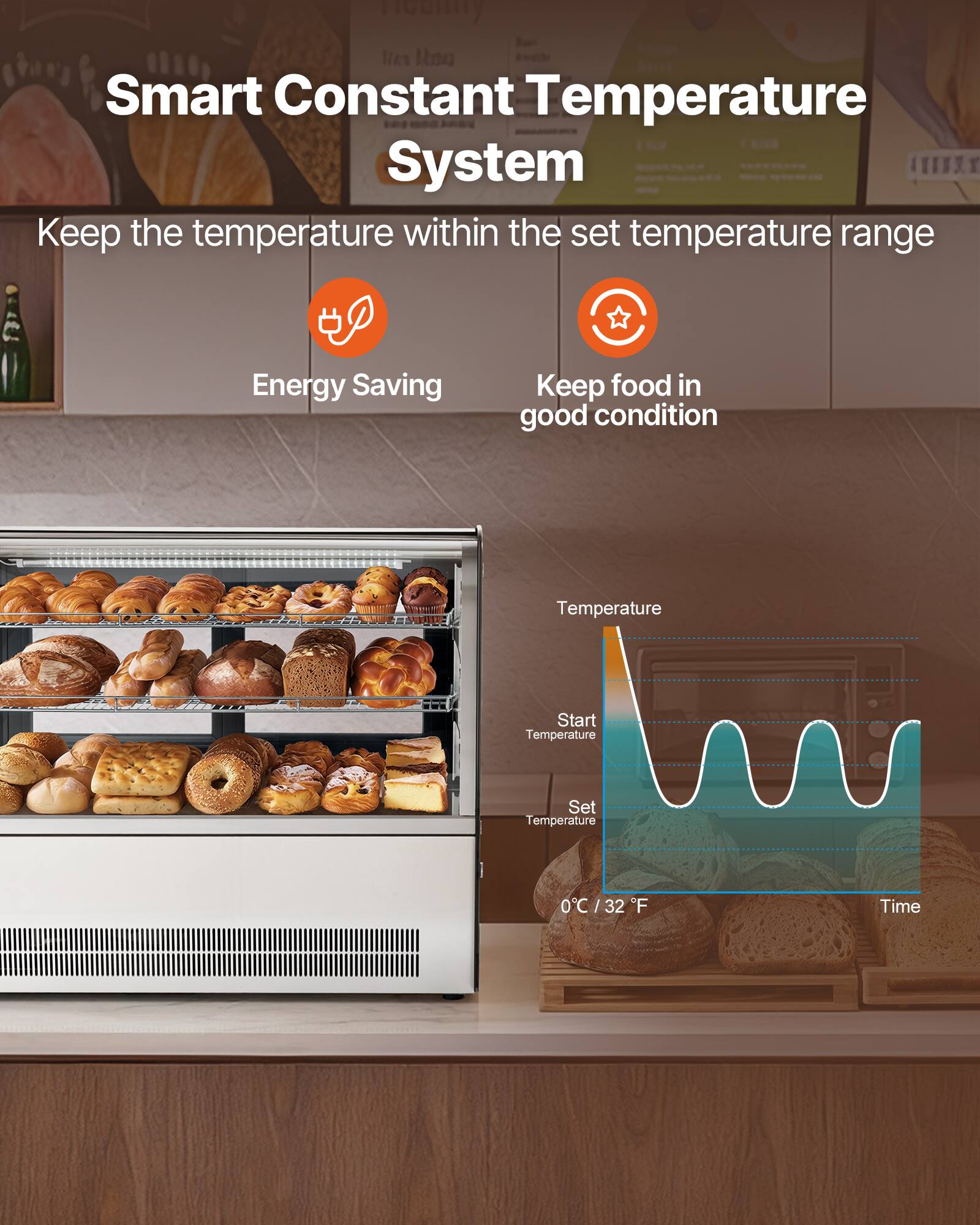 Smart Constant Temperature System  
Keep the temperature within the set temperature range  
Energy Saving  
Keep food in good condition  
Temperature  
Start Temperature  
Set Temperature 0°C / 32°F  
Time