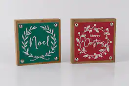 BreeBe - Holiday Sentiment Sign with Faux Leather Accent (Set of 6) - Green, Red