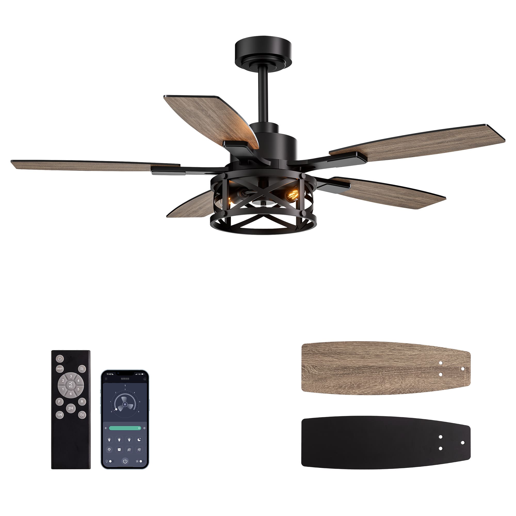 Front. Siljoy - 52 Inch Black Ceiling Fan with Lights and Remote Farmhouse Cage Ceiling Fan Fits Patio Bedroom Living Room - Matte Black.