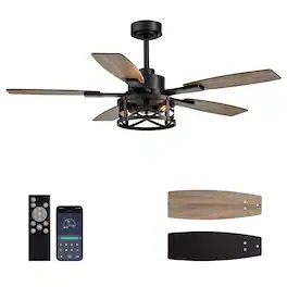 Siljoy - 52 Inch Black Ceiling Fan with Lights and Remote Farmhouse Cage Ceiling Fan Fits Patio Bedroom Living Room - Matte Black