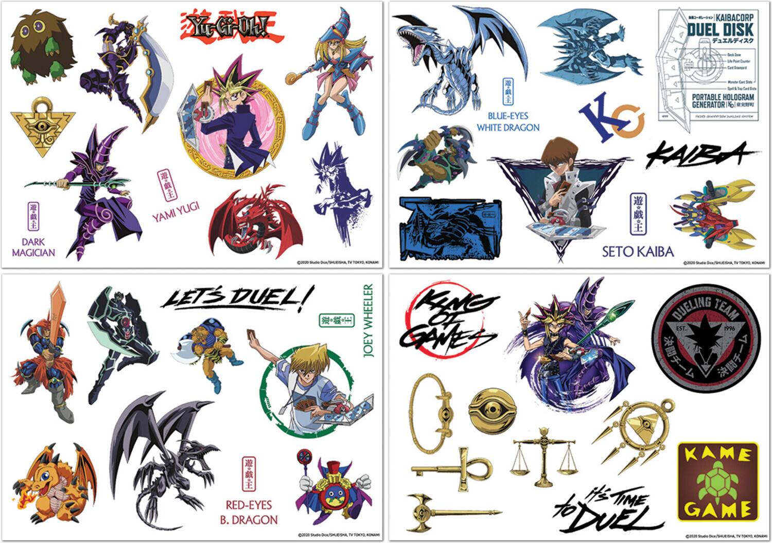 Sure, here is the corrected and grouped text from the image:

---

**Top Left:**
- 溝崎王
- DARK MAGICIAN
- YAMI YUGI

**Top Right:**
- KAIBACORP
- DUEL DISK
- PORTABLE HOLOGRAM GENERATOR
- SETO KAIBA
- KAME GAME
- LET'S DUEL!
- JOEY WHEELER
- KING OF THE GAME
- DUELING TEAM EST. 1996
- RED-EYES B. DRAGON

**Bottom Left:**
- LET'S DUEL!
- JOEY WHEELER

**Bottom Right:**
- KAME GAME
- IT'S TIME TO DUEL

---

This text is grouped based on the sections and characters in the image.