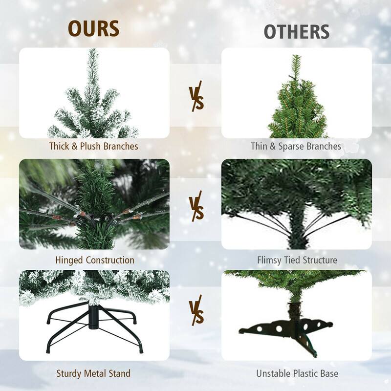 OURS
OTHERS
%
Thick & Plush Branches
Thin & Sparse Branches
%
Hinged Construction
Flimsy Tied Structure
%
Sturdy Metal Stand
Unstable Plastic Base