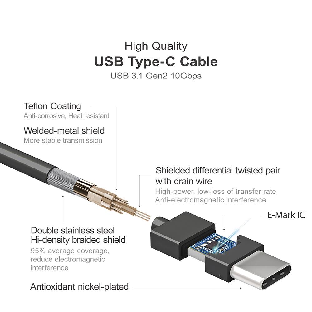 High Quality USB Type-C Cable  
USB 3.1 Gen2 10Gbps  

- Teflon Coating  
  Anti-corrosive, Heat resistant  

- Welded-metal shield  
  More stable transmission  

- Shielded differential twisted pair with drain wire  
  High-power, low-loss of transfer rate  
  Anti-electromagnetic interference  

- Double stainless steel Hi-density braided shield  
  95% average coverage, reduce electromagnetic interference  

- Antioxidant nickel-plated  

- E-Mark IC