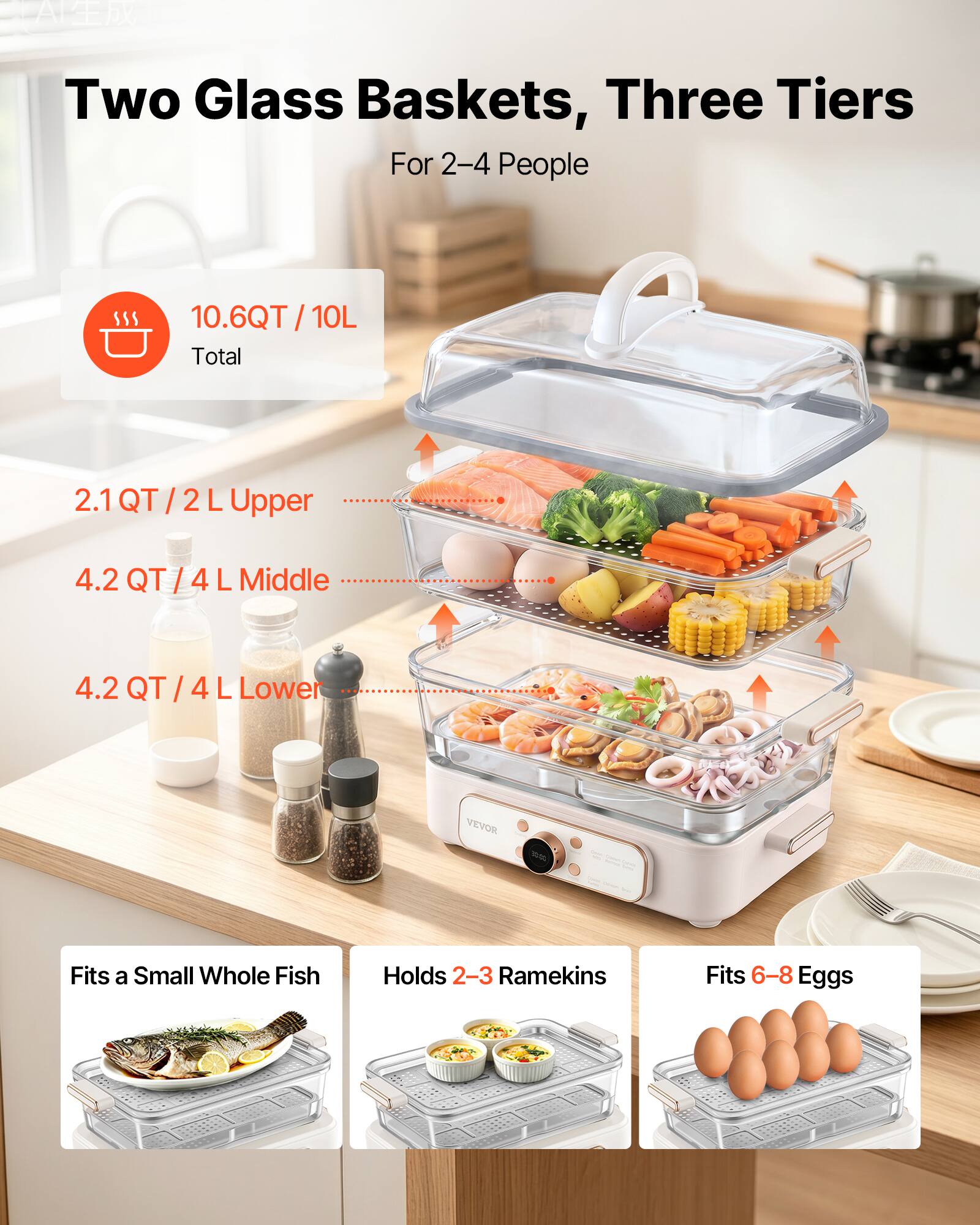 Two Glass Baskets, Three Tiers For 2-4 People

10.6QT / 10L Total
2.1 QT/2 L Upper
4.2 QT/4 L Middle
4.2 QT/4 L Lower

Fits a Small Whole Fish
Holds 2-3 Ramekins
Fits 6-8 Eggs