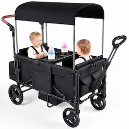Wisairt - 2-Seater Wagon Stroller for Kids, Foldable Stroller Wagon with Canopy, 5-Point Harness, Push & Pull Handle - Black