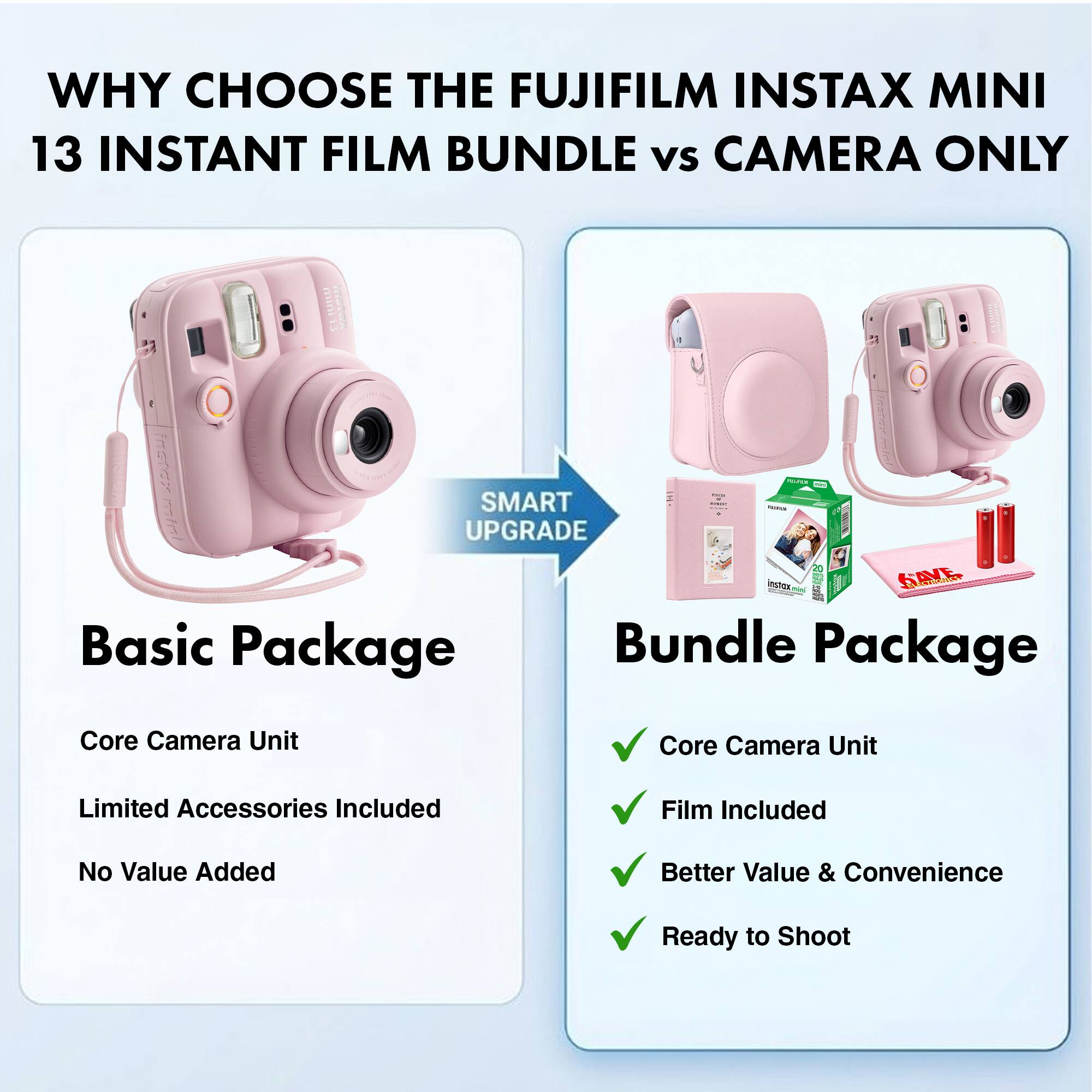WHY CHOOSE THE FUJIFILM INSTAX MINI 13 INSTANT FILM BUNDLE vs CAMERA ONLY

Basic Package
- Core Camera Unit
- Limited Accessories Included
- No Value Added

Bundle Package
- Core Camera Unit
- Film Included
- Better Value & Convenience
- Ready to Shoot