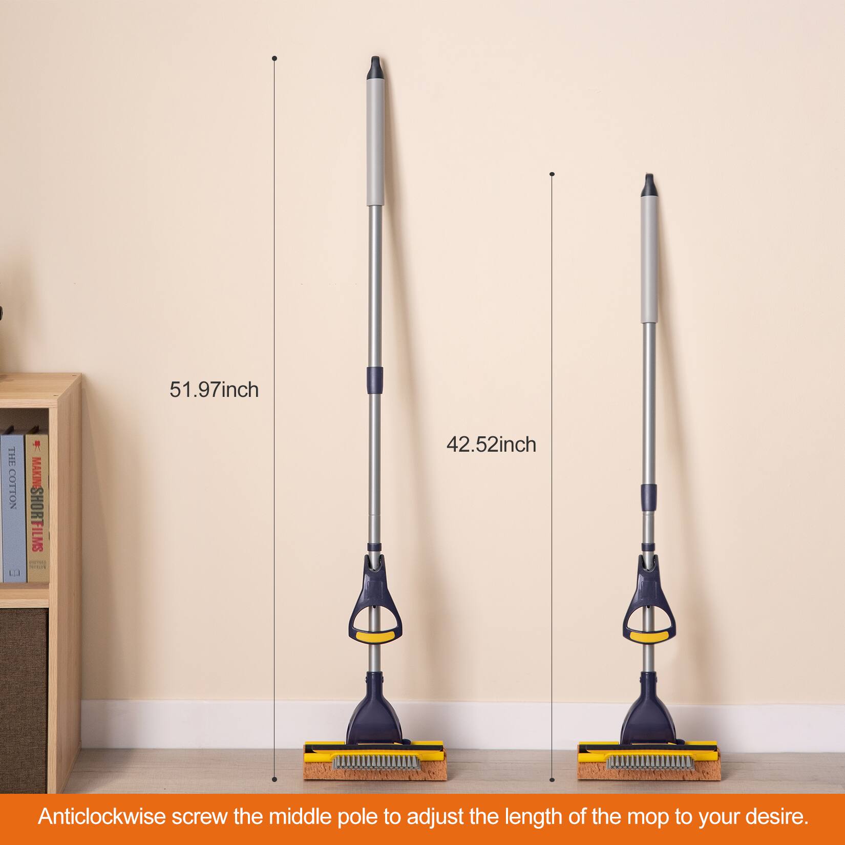 THE COTTON
MAKINSHORFILMS
51.97inch
42.52inch
Anticlockwise screw the middle pole to adjust the length of the mop to your desire.