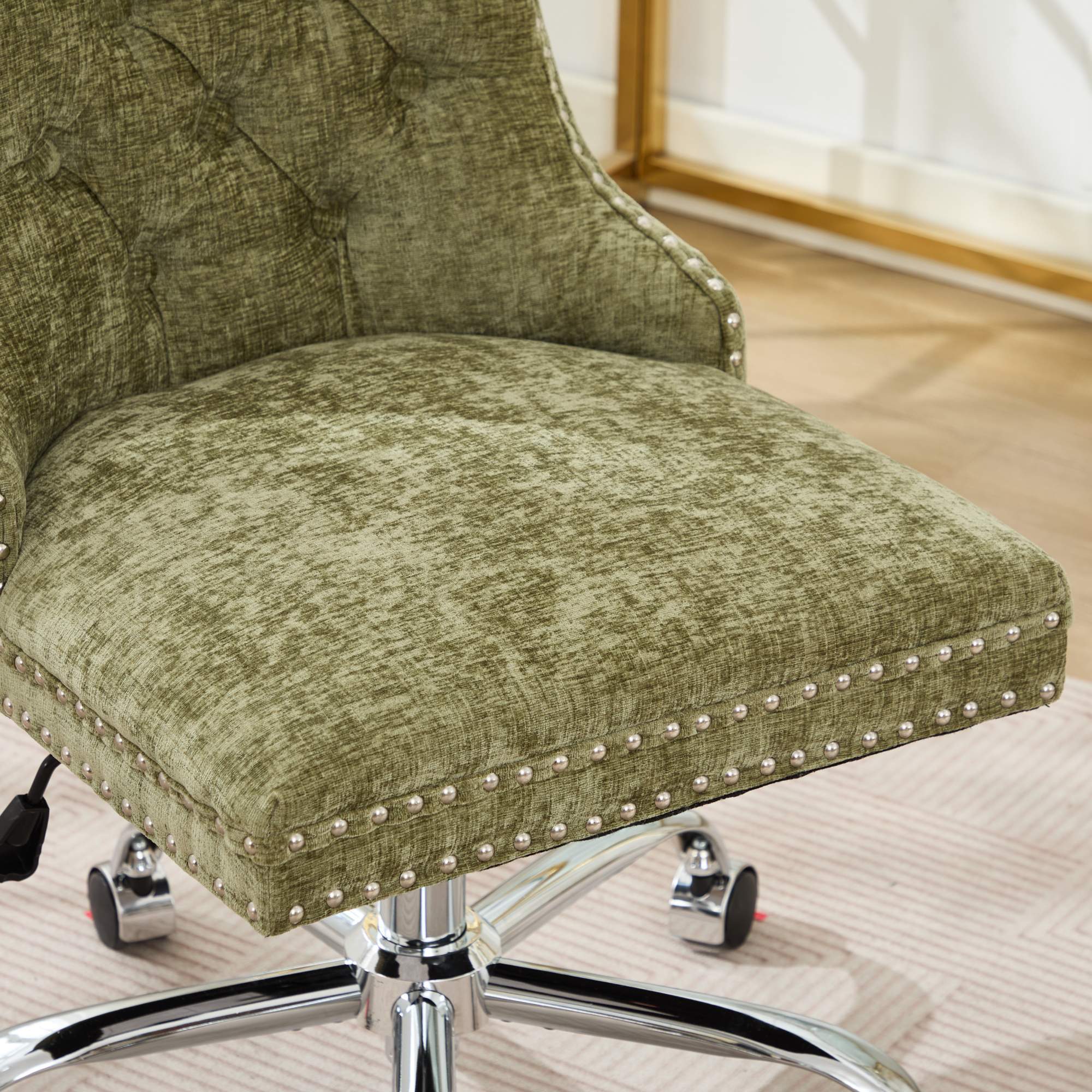 Alt View 4. Trinkets Crazed - Home Office Chair with Wheels & Silver Base,Chenille Fabric Makeup Vanity Chair with Tufted Back, Swivel Desk Chair - Green.