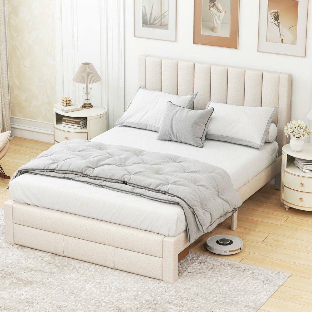 Angle. Kadyn - Queen Size Upholstered Storage Bed with Vertical Channel Headboard,Features Built-In Storage Drawer for Bedroom - Beige.